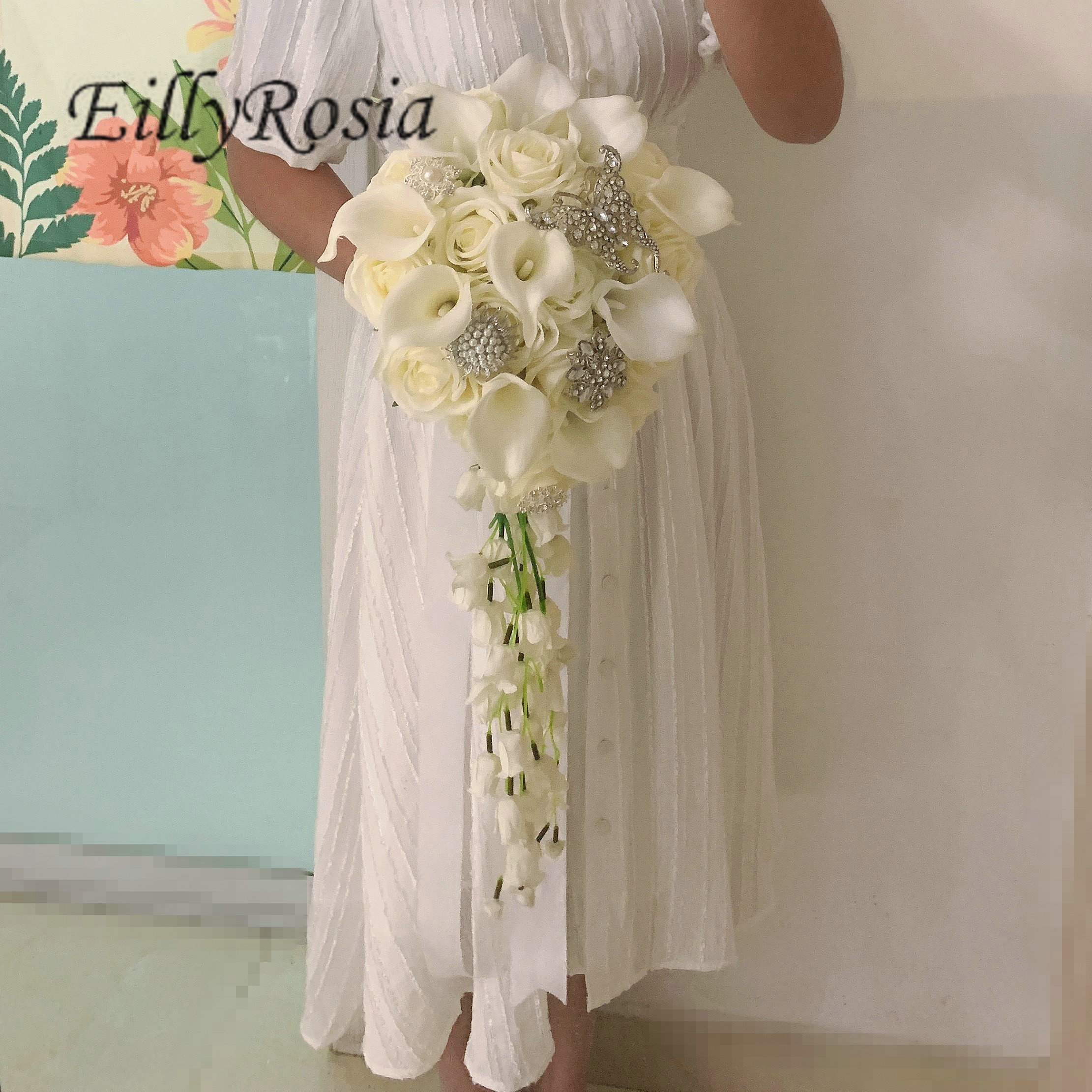 White Waterall Bridal Bouquet Cala Lily Natural Touch Elegant Design Cascading Wedding Bouquet for Bride Teardrop Photograpy New