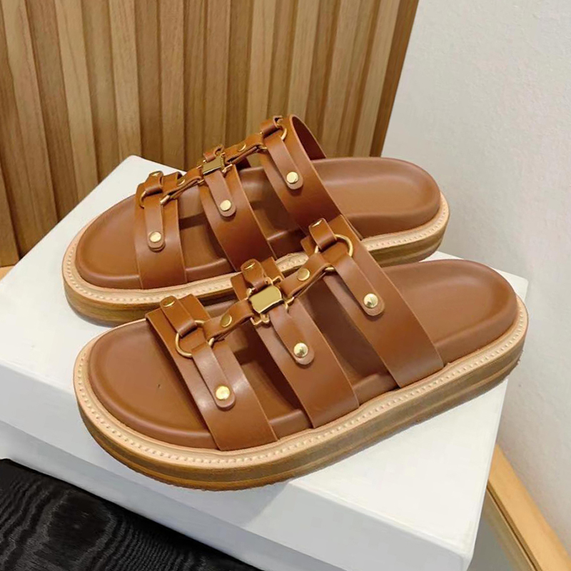 New designer sandals Tippi Slide Calf skin flat heel Sandal paris tan summer slides leather beach slippers womens shoes luxury outdoor Triumphal Arch slip-on slide