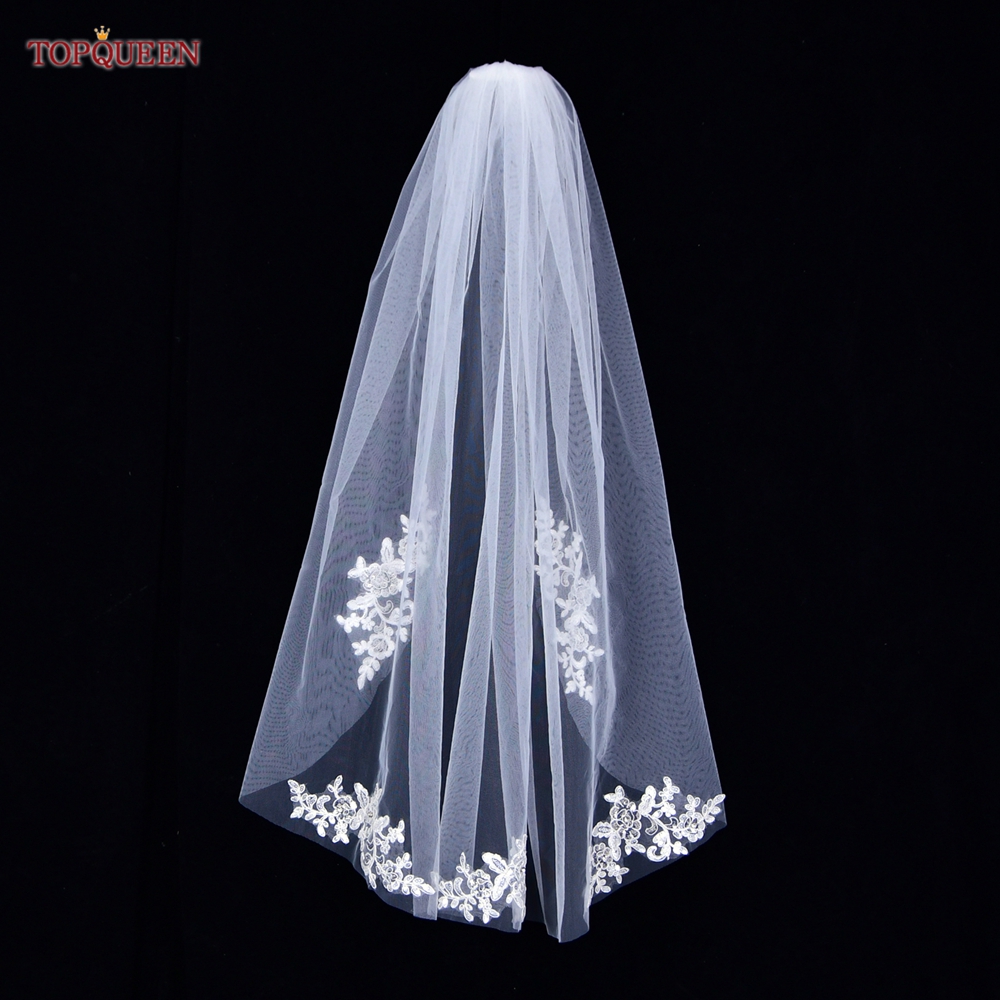 TOPQUEEN V49 100% Handmade Bridal Veil with Comb Lace Embroidery Women's Short Veil Wedding Veils with Lace Shiny Sparkl
