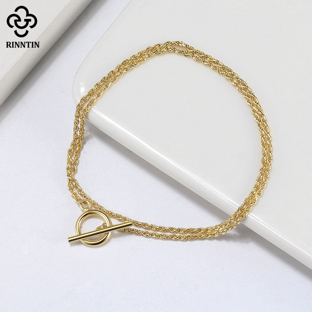 Rinntin Trendy Italian OT Toggle Clasp 925 Sterling Silver 1.5mm Braided Chain Bracelet 14K Gold Plated for Women Jewelry SB121