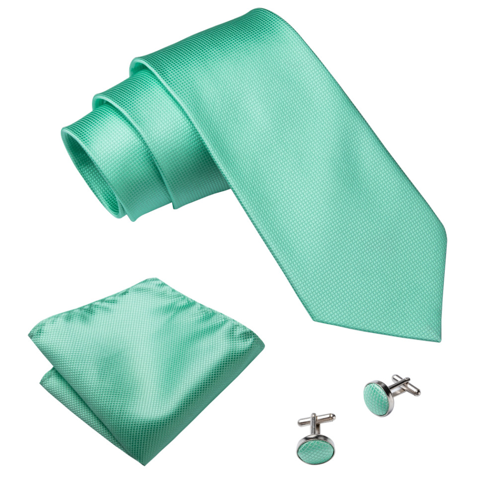 New Hot Sale Men's Necktie Hanky Cufflinks Set Tie for Men Pocket Square Wedding Grooms Solid Mint Green Neck Tie Set MJ-371