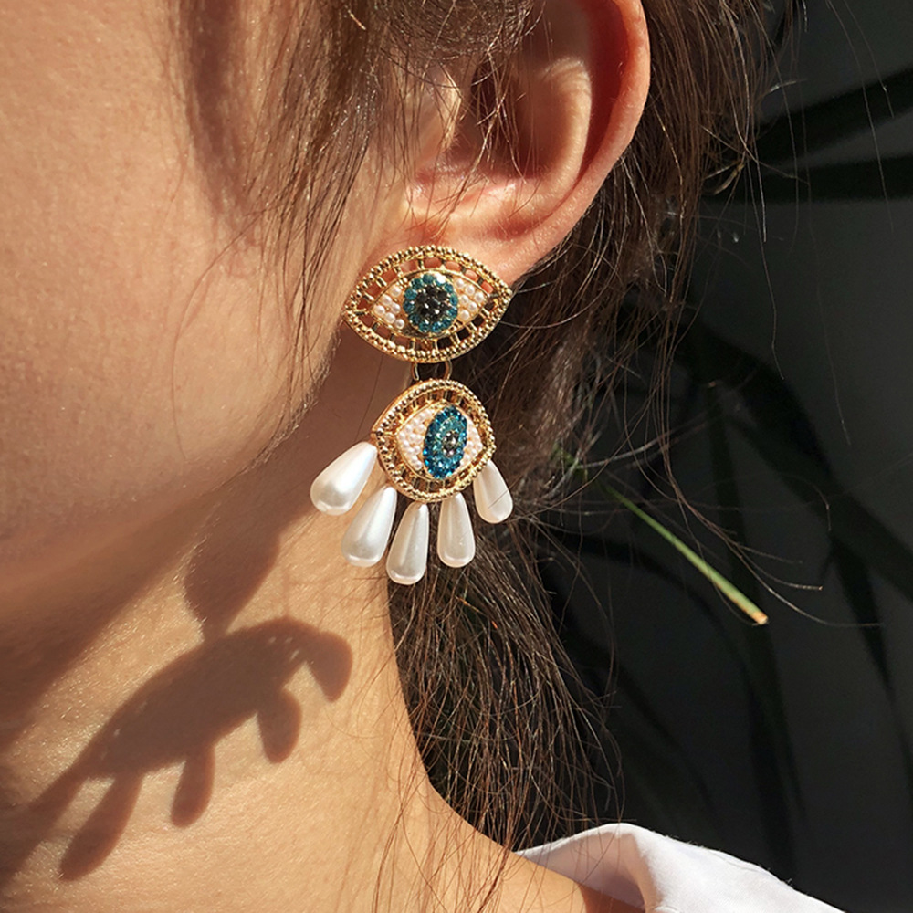 New Trendy Golden Devil Eye Rhinestone Pearl Punk Vintage Stitching Long Drop Earrings HUANZHI 2021 for Women Girls Jewelery