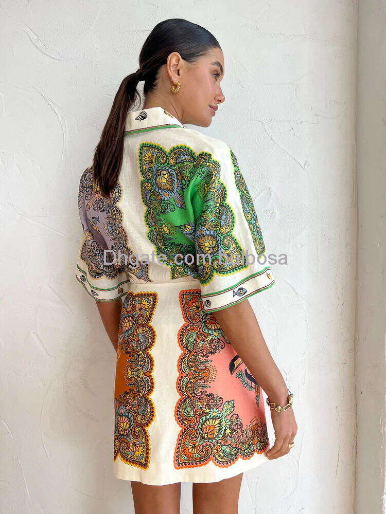 Fashion Women Linen Shirt Dress Flower Printed Shirt Skirt Casual Slim Fit Long Cotton Linen Clothes