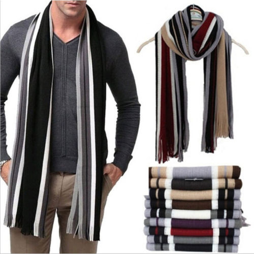 Hot Men Cashmere Scarf Winter Warm Soft Fringe Striped Tassel Long Shawl Wrap Accessories