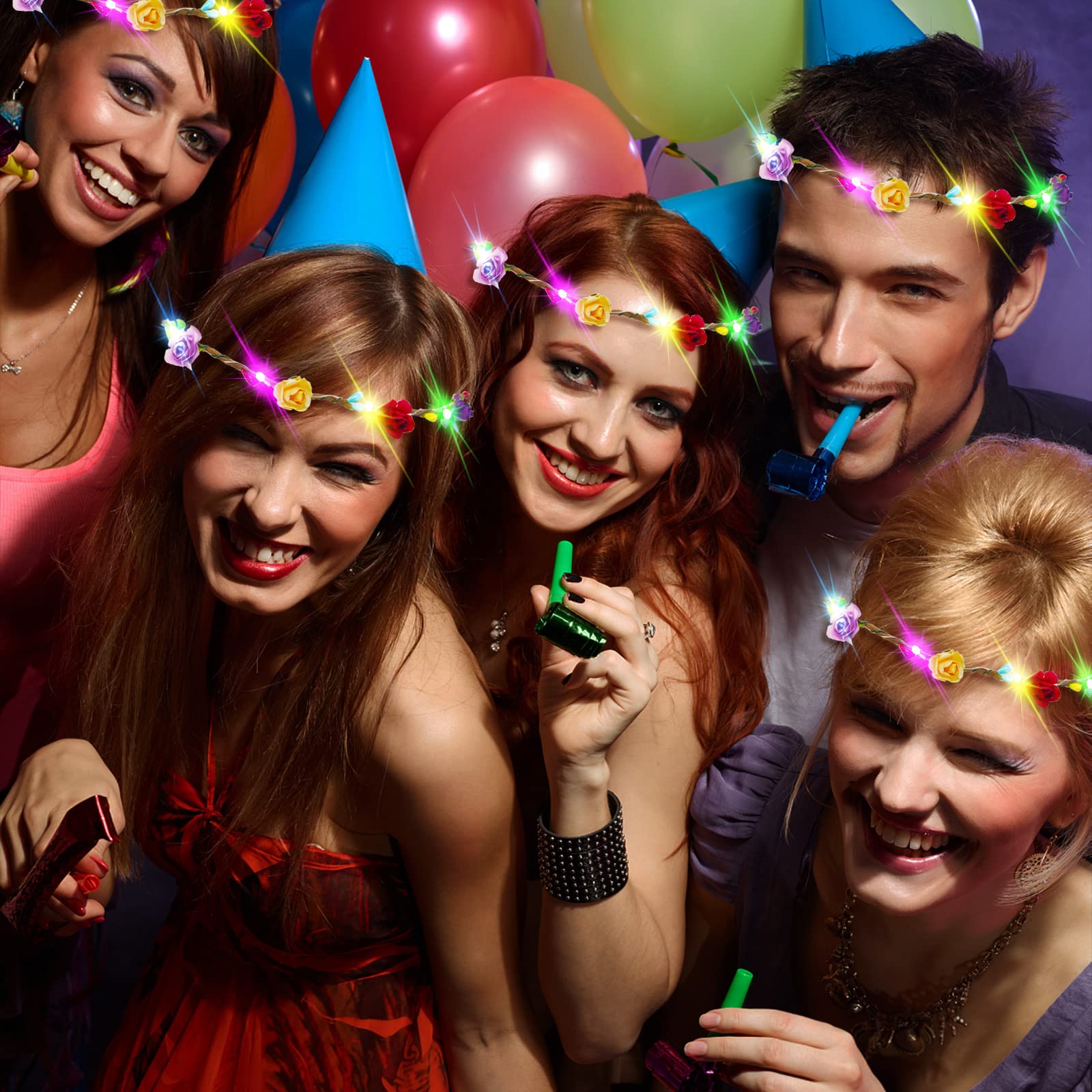 20-60PCS LED Flower Headband Crown Mardi Gras Light Up Headband for Women Floral Headpiece for Wedding Beach Dark Party Birthday