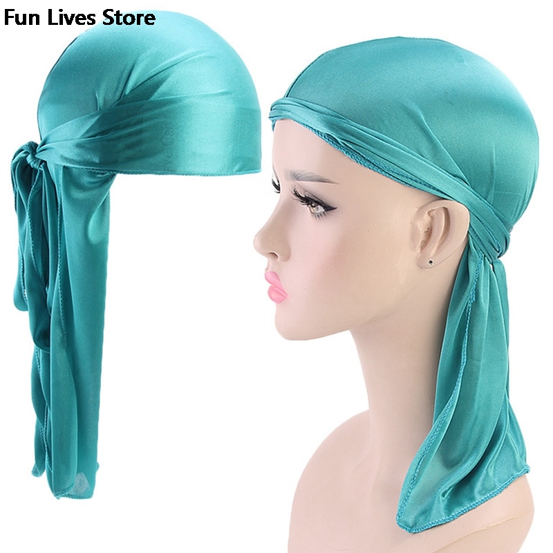 Muslim Turban Doo Rag Pirate Hat Long Tail Silk Scarf Durag Chemo Caps Skull Hat Headwear Women Men Bandana Headscarf Summer