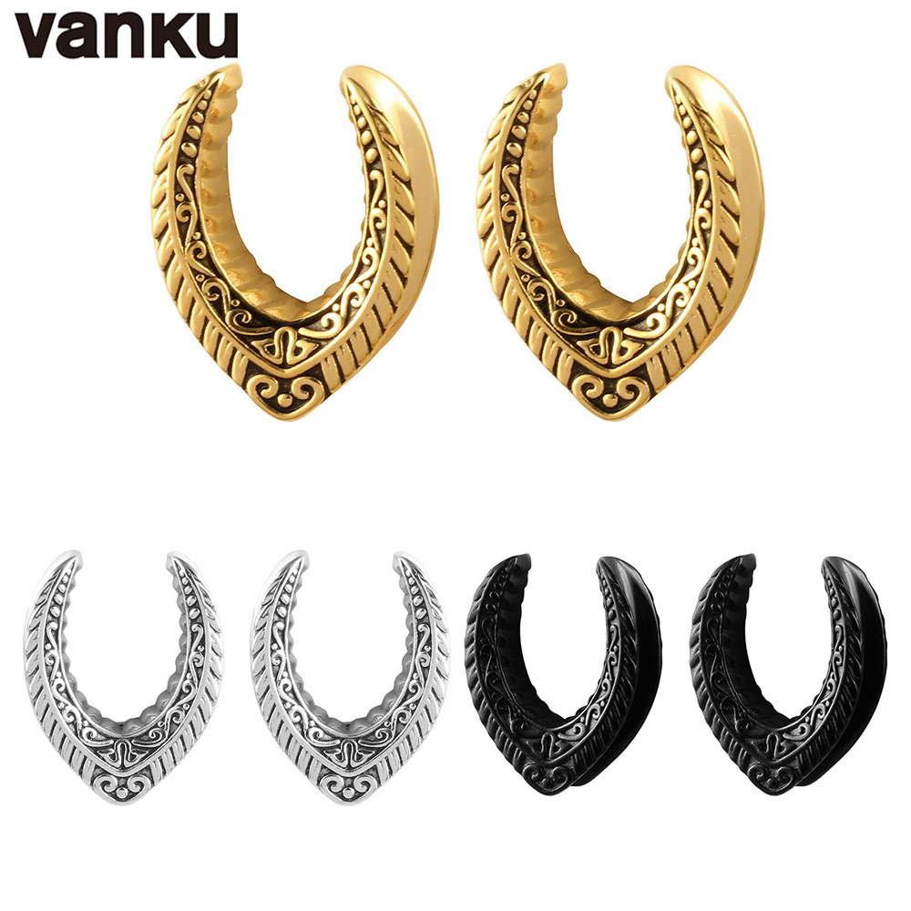 Vanku 2pcs Antique Vintage Ear Flesh Tunnel Expander Gauge Hollow Plugs Stretcher Half Arc Shape Tunnel Plugs Piercing Jewelry