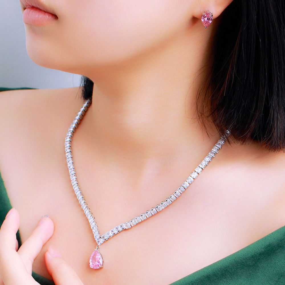 Ins Choucong Top Sell Wedding Jewelry Sets Luxury Jewelry 18k White Gold Fill Water Drop Pink 5A Cubic Zircon Party Gorgeous Party Women Stud Earring 
