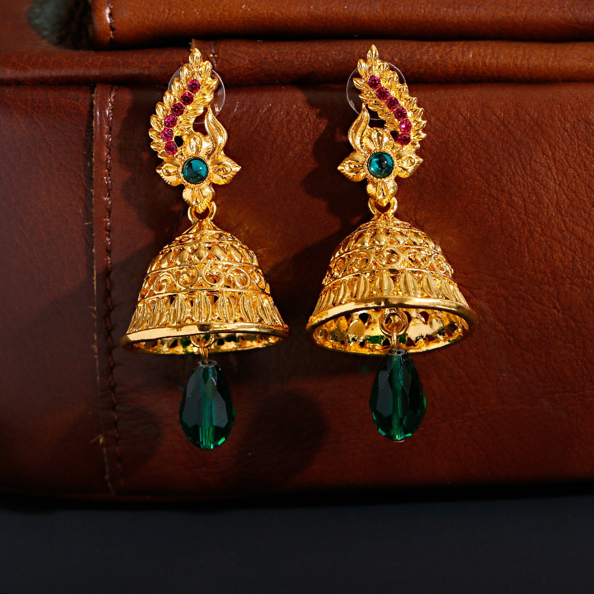 Retro Big Gold Color Bells Alloy Indian Jhumka Earrings Women's Vintage Peacock Pearls Beads Turkey Earrings Bijoux