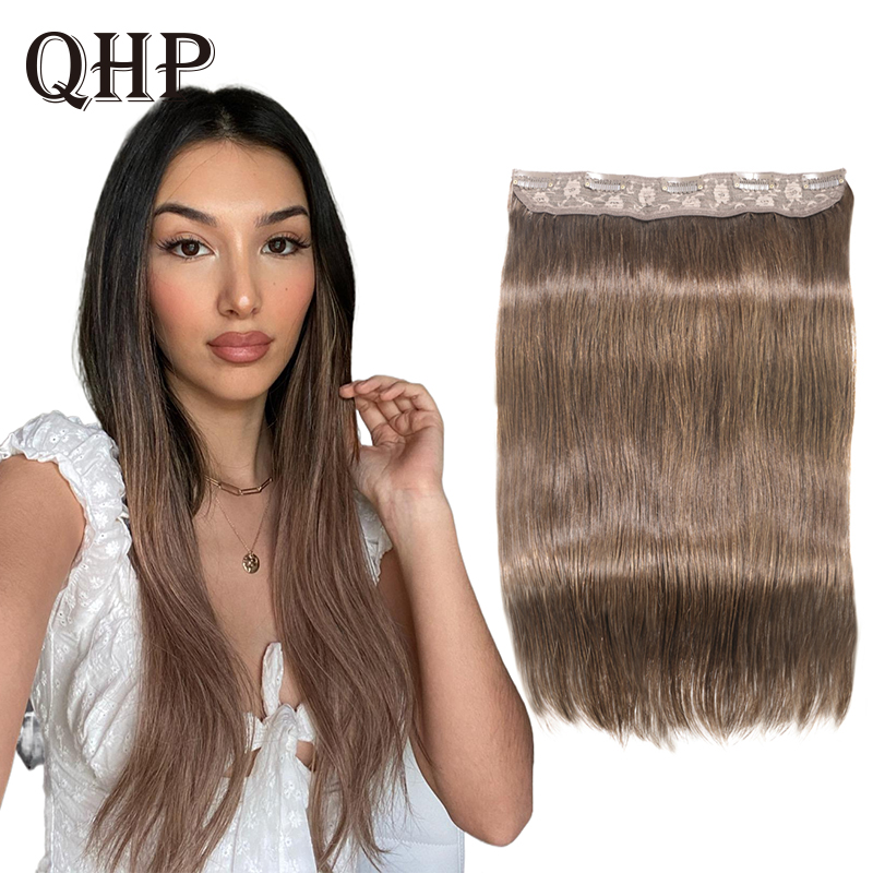QHP Straight Hair Natural Clip In One Piece Real Human Hair Extensions Black Brown Balayage Brazilan Remy Hair 70g For Women 30%