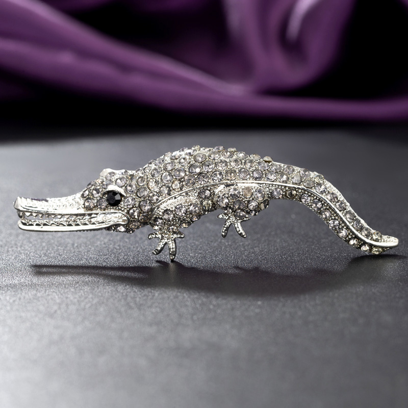 Zlxgirl Cool crocodile animal Brooches for men's Jewelry White Rhinestone Crystal Hijab Pins and Scarfs Clip men's jewelry
