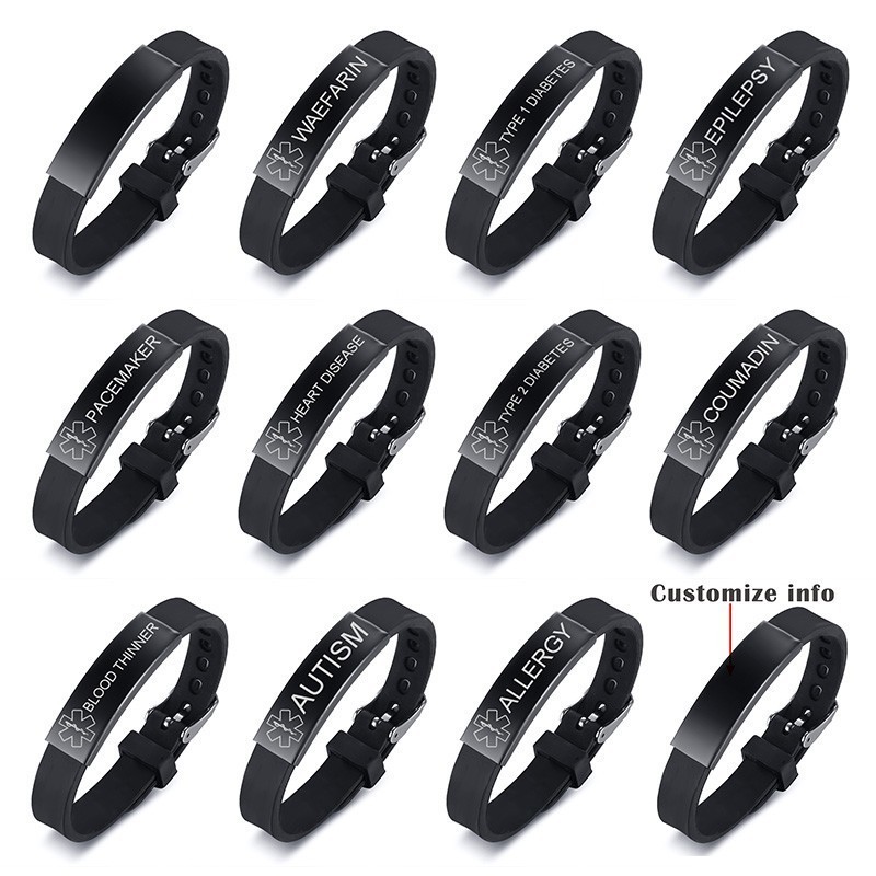 Personalize Waterproof Soft Silicone Sports Medical Alert ID Bracelets for Women Men Bangle Adjustable Watch Band Design