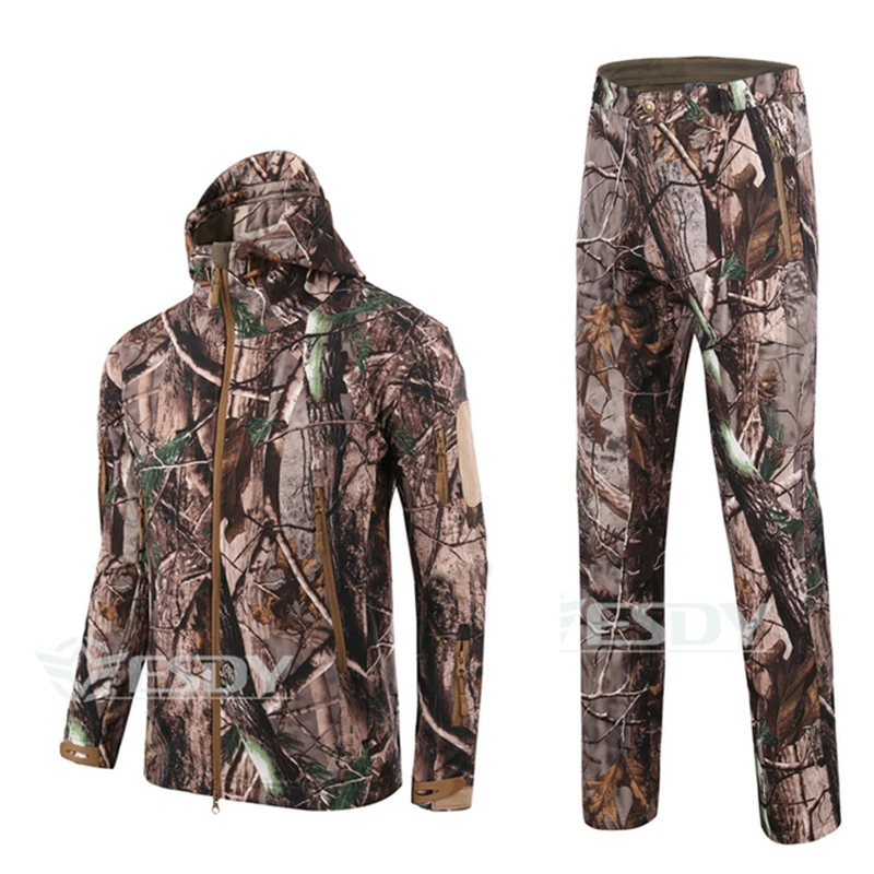 TAD Men Hiking Fishing Explore Clothes Suit Camouflage Shark Skin Waterproof Hooded Jacket+Pants