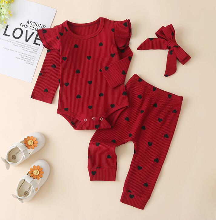 Cute Newborn Baby's Girls Ribbed Clithes Suit Toddler Infant Heart Print Crew Neck Lace Long Sleeve Top+Pants+Hairband Set