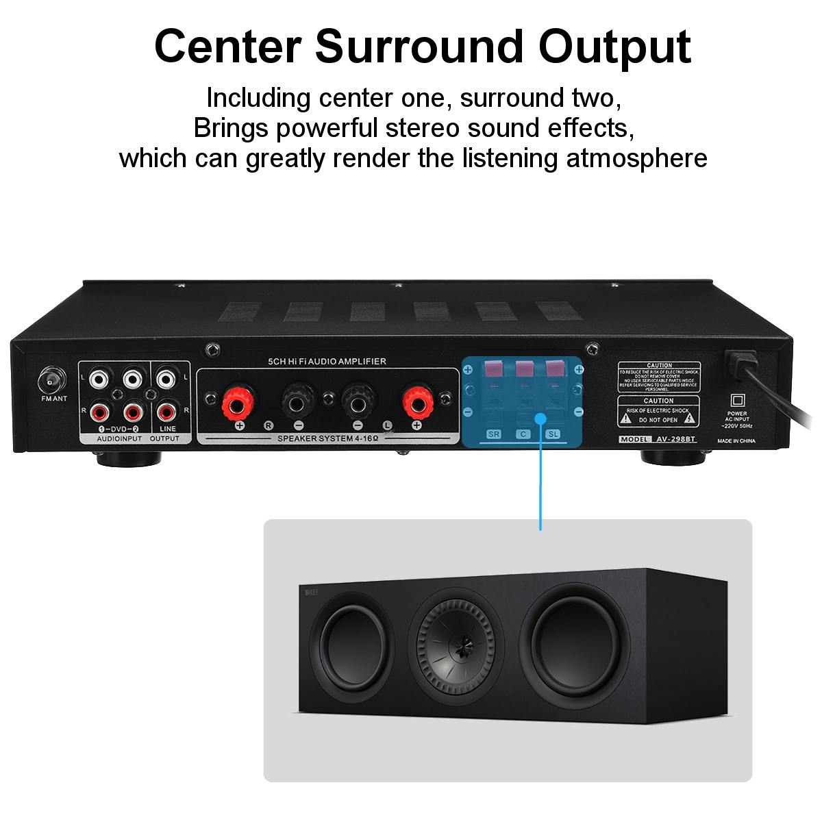 Sunbuck 2200W bluetooth 5 Channel Power Amplifier HiFi Stereo Speaker Amp Support FM Radio 2 Mic USB SD Card Input 298BT