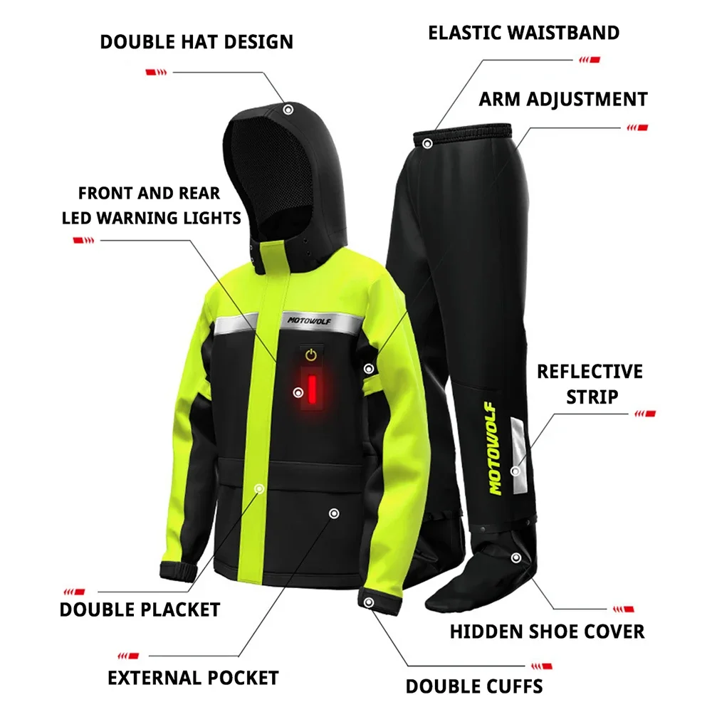 Rain Jacket Pants Motorcycle Raincoat LED Alert Split Suit Reflective Waterproof Cap Impermeable For Riding Cycling Motocross