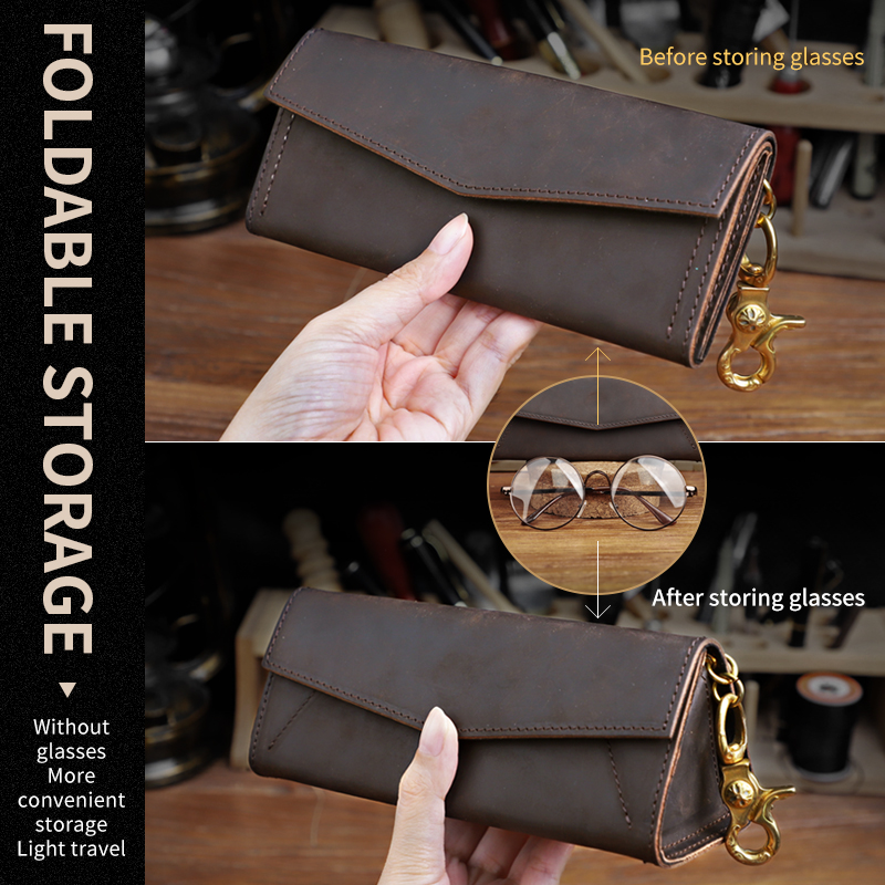 Genuine Leather Triangle Sunglasses Box Retro Folding Glasses Case Cover Strong Magnet Eyewear Protective Organizer Unisex