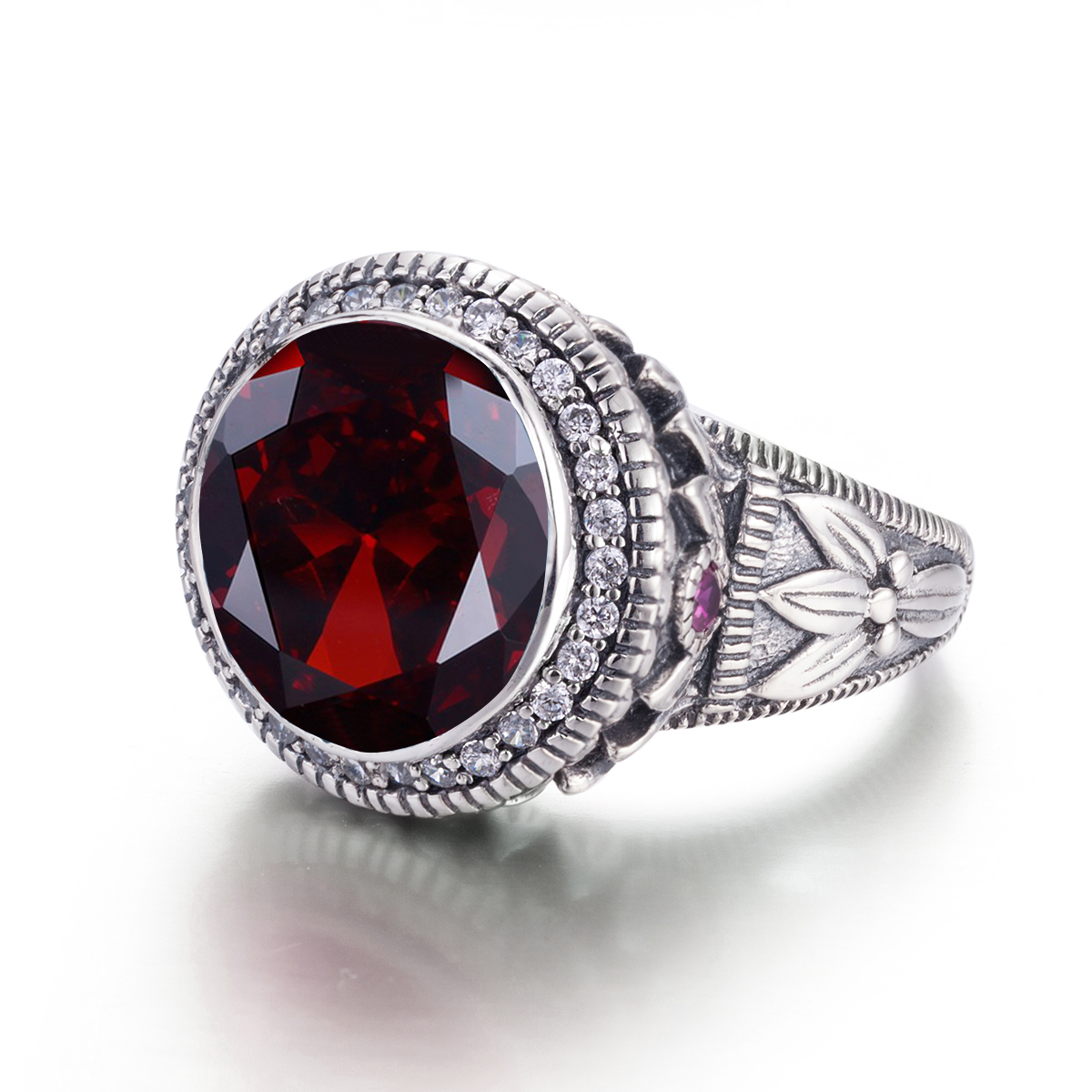 Szjinao Top Quality 15*15mm Massive Round Garnet Rings For Man Birthday Anniversary Party Gift Luxury Trend Silver 925 Jewelry
