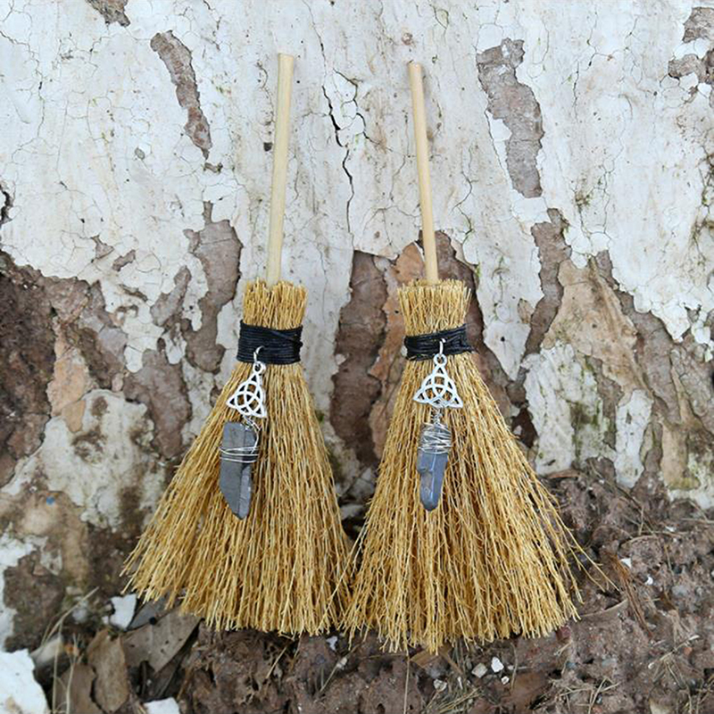 Dust Removal Broom Wicca Celti Pentagram Mini Witch Broom Witchcraft Accessories Raw Crystal Wicca Altar Broom