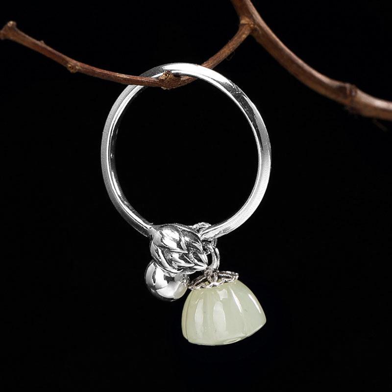 S925 Sterling Silver Jade Bell Ring Female Artistic Simple and Fresh Hotian Jade Pendant Silver Ring with Opening