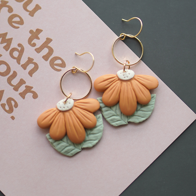 Sector Pendant Flower Brass Ring Antique Dangle Multi Colors Handmade Unique Polymer Clay Spring Gift Earring Sets Party Jewelry