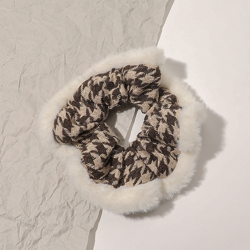 3pcs New Furry Plaid Leather Hair Scrunchies Faux Fur Elastic Hair Bands Women Girls Ponytail Holder Rubber Bands Hair Accessories