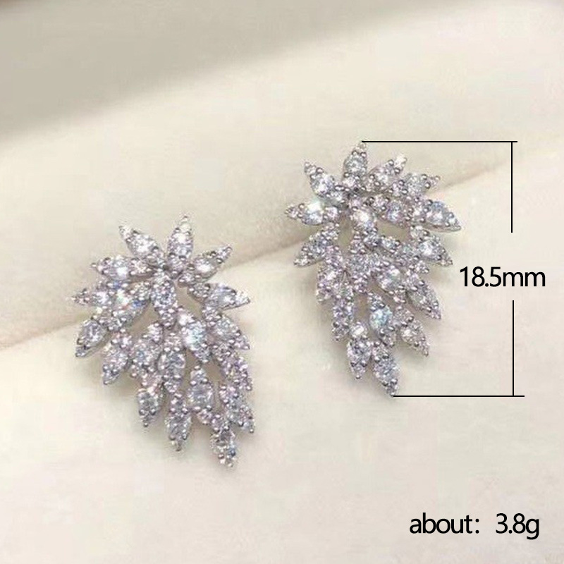 Rhinestone 925 SIlver Needle Statement Earrings 2021 Geometric Big Leaf Feather Stud Earrings For Women Crystal Wedding Gift