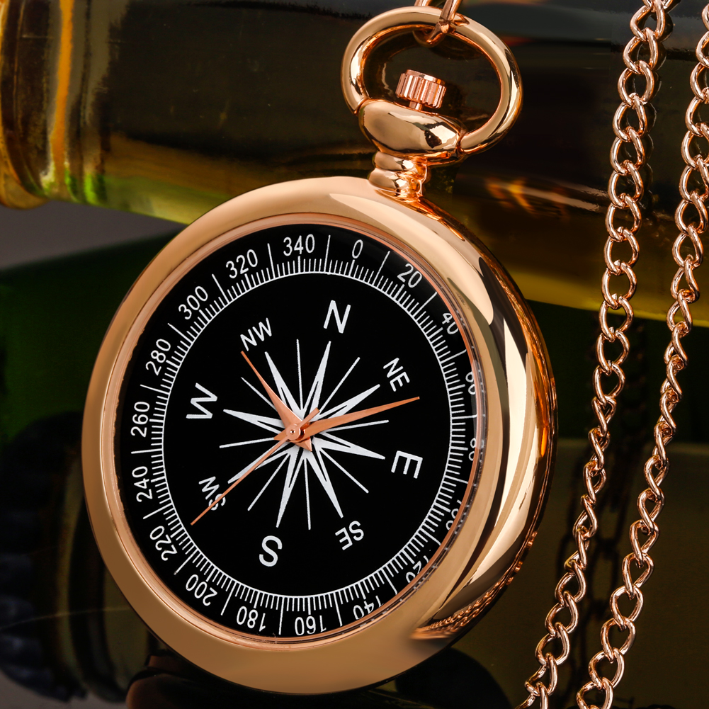 Rose Gold/Silver/Gold Open Face Quartz Necklace Watch Men Women Charm Compass Pattern Dial Chain Pendant Vintage Pocket Clock