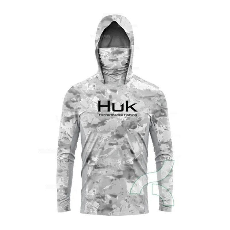 HUK Fishing Shirt Long Sleeve Anti-UV Fishing Hooded Shirts With Face Mask Fish Clothing Outdoor Sun Protection T-shirts UPF 50 240615
