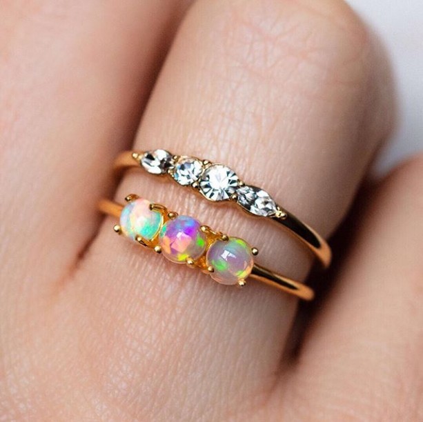 US size 6 7 8 9 10 Gold color prong set white fire opal simple three stone ring for women