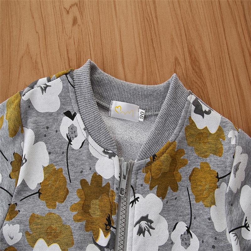 Kids Girls Fall Winter Jacket Long Sleeve Flower Print Zipper Closure Casual Outwear Clothes for Daily Wear