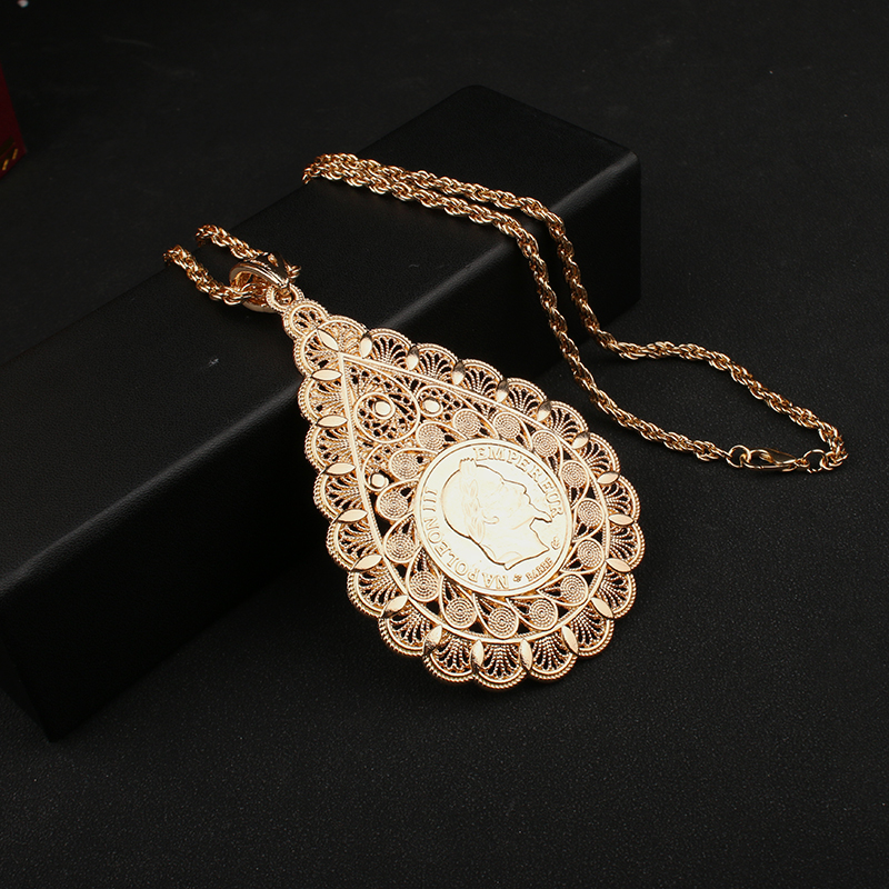 Gold Plated Pendant Necklace for Women, Moroccan Jewelry, Open, Metal, Arabesque Leaf, Long Chain, Wedding, Hip Hop, Ladies