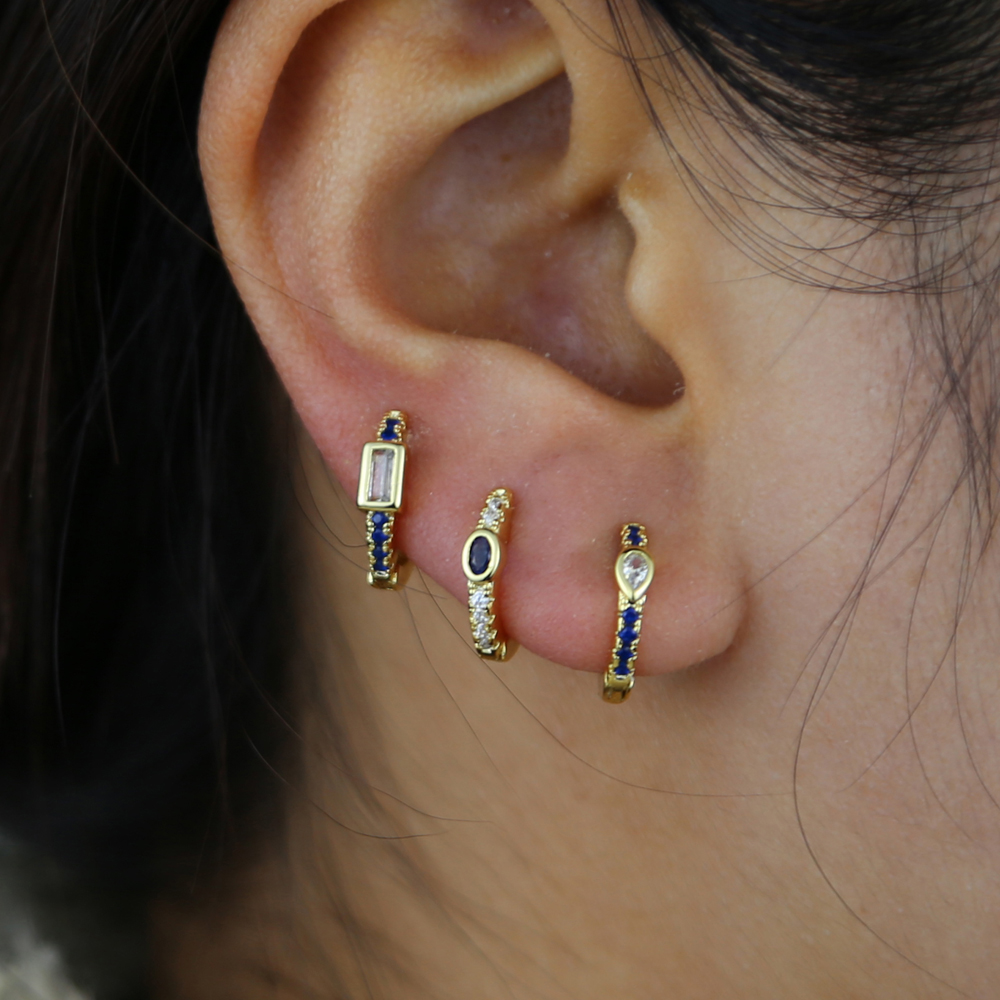 Set Of 4 Pieces Red Blue Green Cubic Zirconia Paved Gold Color Mini Small Multi Piercing CZ Hoop Earring
