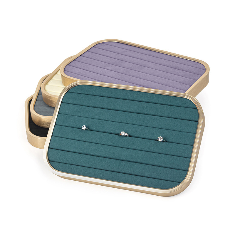 New Beige Gold Edge Metal Microfiber Jewelry Display Trays For Femal Ring Earring Pendent Showcase Jewellery Organizers Holder