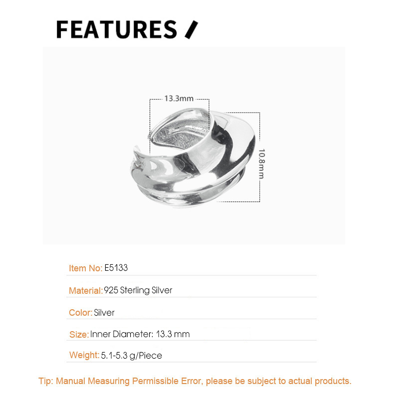 F.I.N.S 1PC Exaggerated Wide S925 Sterling Silver Geometric Ear Clip No Pierced Bump Earcuff Catilage Fine Jewelry No Ear Hole