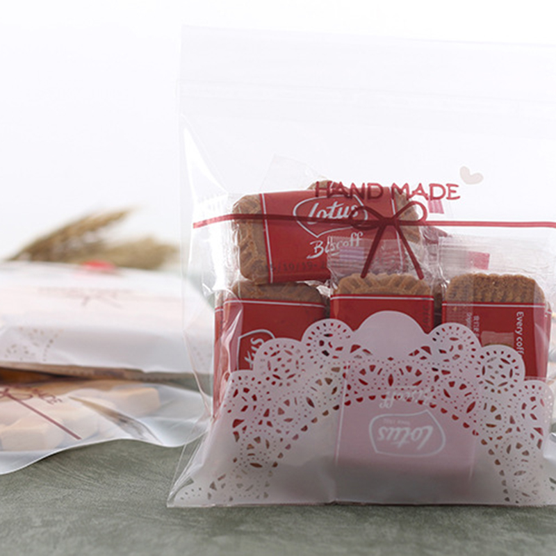 100Pcs/lot 7*7+3cm/10*10+3cm Cute Lace Bow Print Self-adhesive Gifts Bags for Wedding Party Cookie Packaging Biscuits Candy
