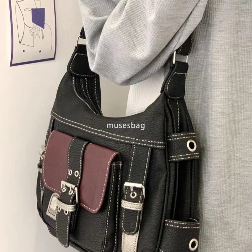 Korean version of European and American retro vintage bag street style personalized new belt soft leather Y2K spicy girl cool motorcycle crossbody bag