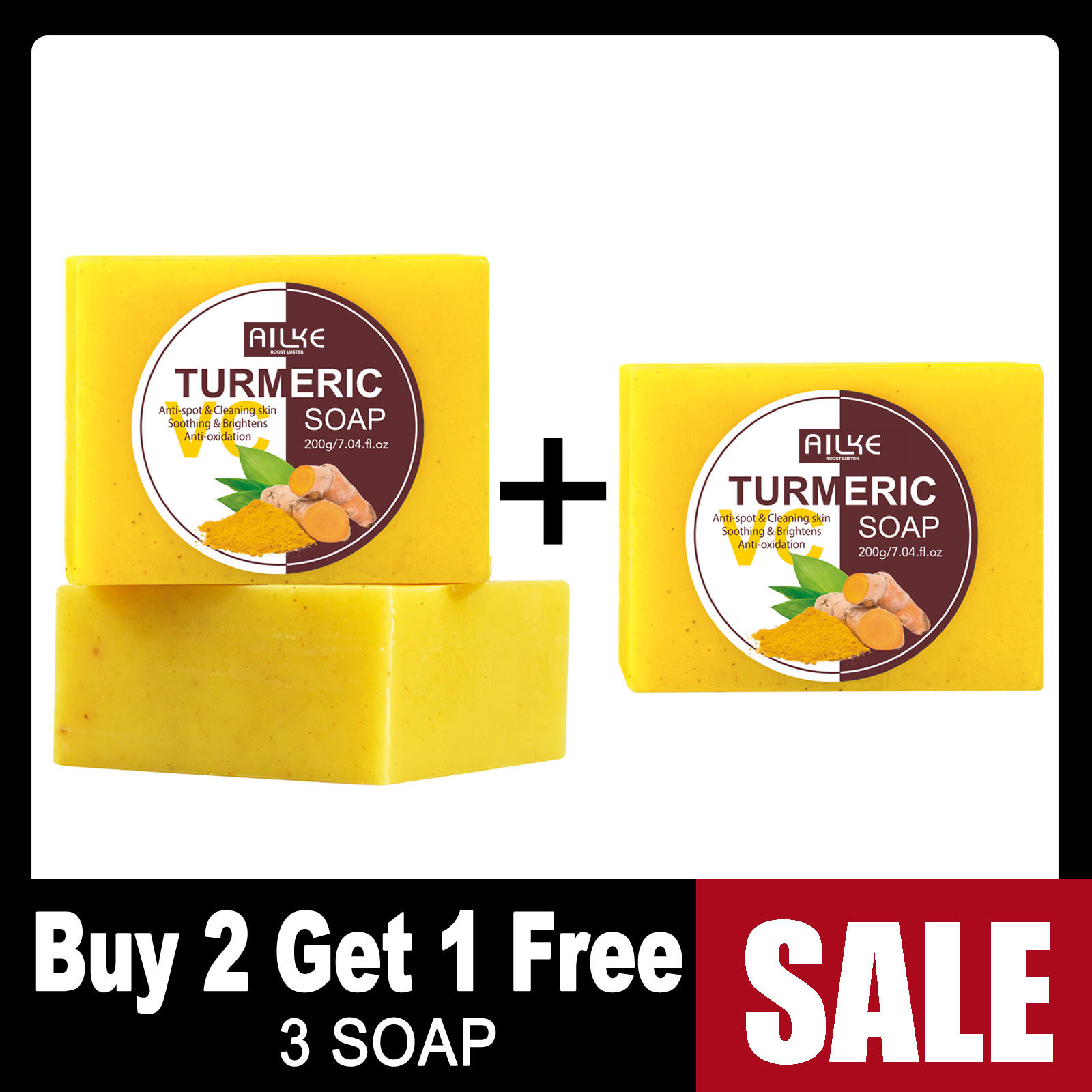 AILKE Turmeric Soap, Whiten, Remove Acne, Oil Control, Brightening, Clean Skin, Deeply Exfoliates, Even Skin Tone