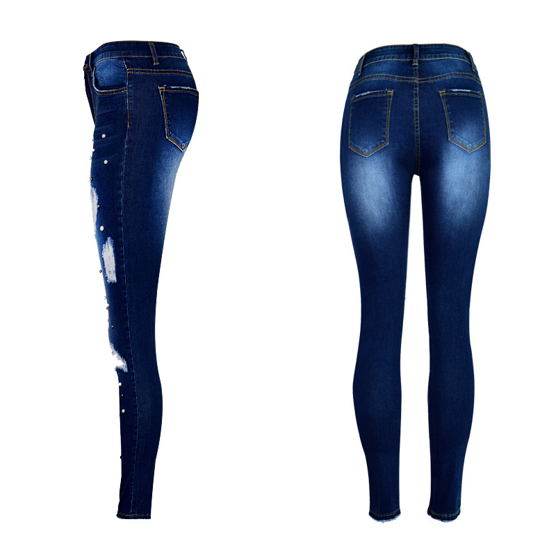 High Waist Stretch Ripped Jeans Pearls Beads Women Destroyed Knee Hole Pencil Pants Skinny Denim Trousers Capri xxxl 3xl Street