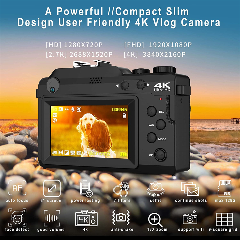 4K 48MP 18X Digital Camera For Tiktok Photography Front Rear Dual Lens Selfie Camcorder Recorder Auto Focus Youtube Webcam
