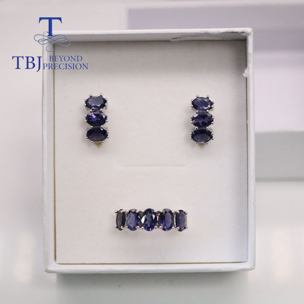 classic Natural Blue iolite Jewelry set clasp earring Ring oval 5*7m real gemstone 925 sterling silver for women nice gift