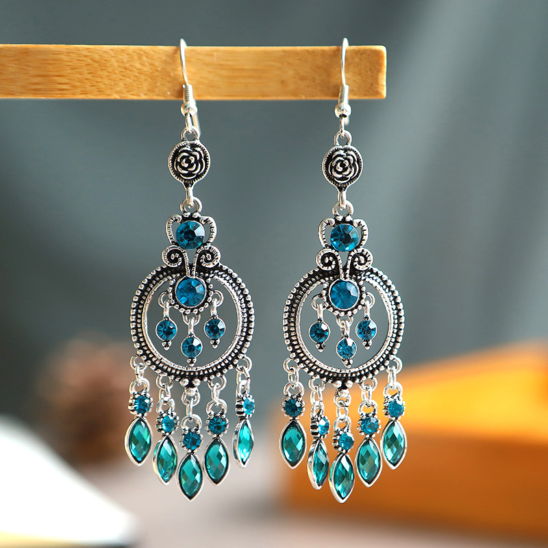 Bohemian Vintage Round Water Drop Tassel Dangle Earrings for Women Ethnic Long Rhinestone Hollow Hanging Earrings Party Jewelry