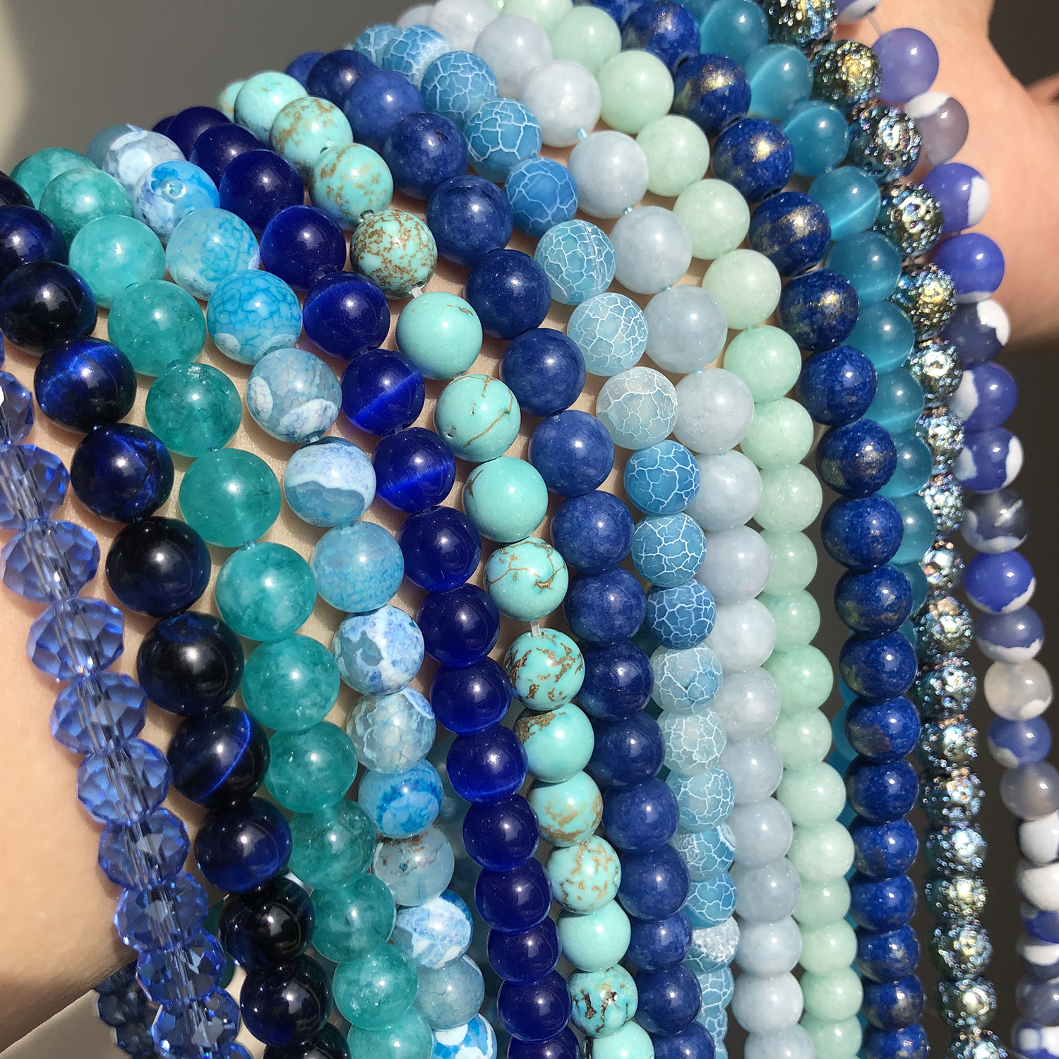 Natural Round Beads Blue Agates Jades Turquoises Rondelle Crystal Loose Stone Beads for Jewelry Making Bulk DIY Bracelet 15''