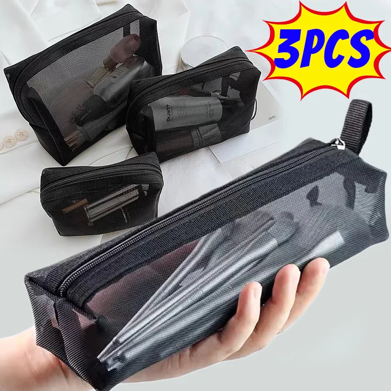 1/3pcs Black mesh Toiletry bag Cosmetic Bags Men Women Solid Small Large Travel Portable Makeup Organizer Lipstick Storage Pouch