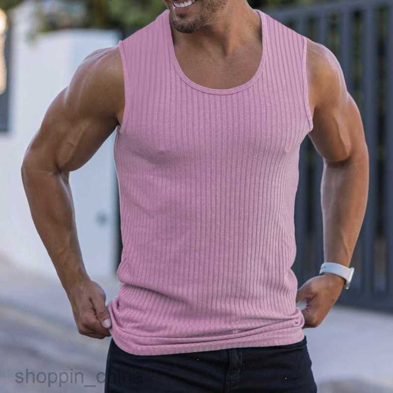 Men's T Shirts Summer Knitted Vertical Fitness Sports Leisure Slim Fit Tank Top for Male Sleeveless Wide Shoulder Tank Top for Men tees tops