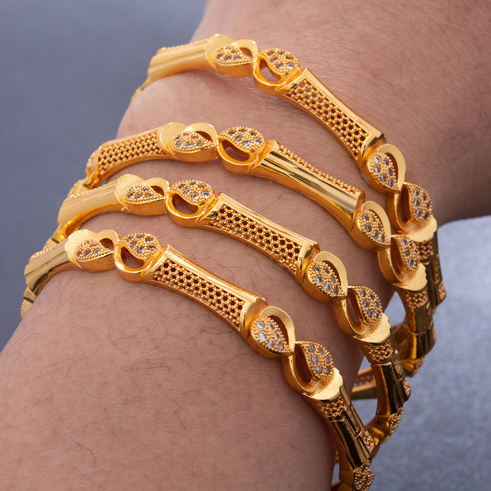 4pcs/Lot Trendy Dubai Ethiopian Rhinestone Gold Color Bangles For Women Girls Wife African Arab Ramadan Wedding Bracelet Jewelry
