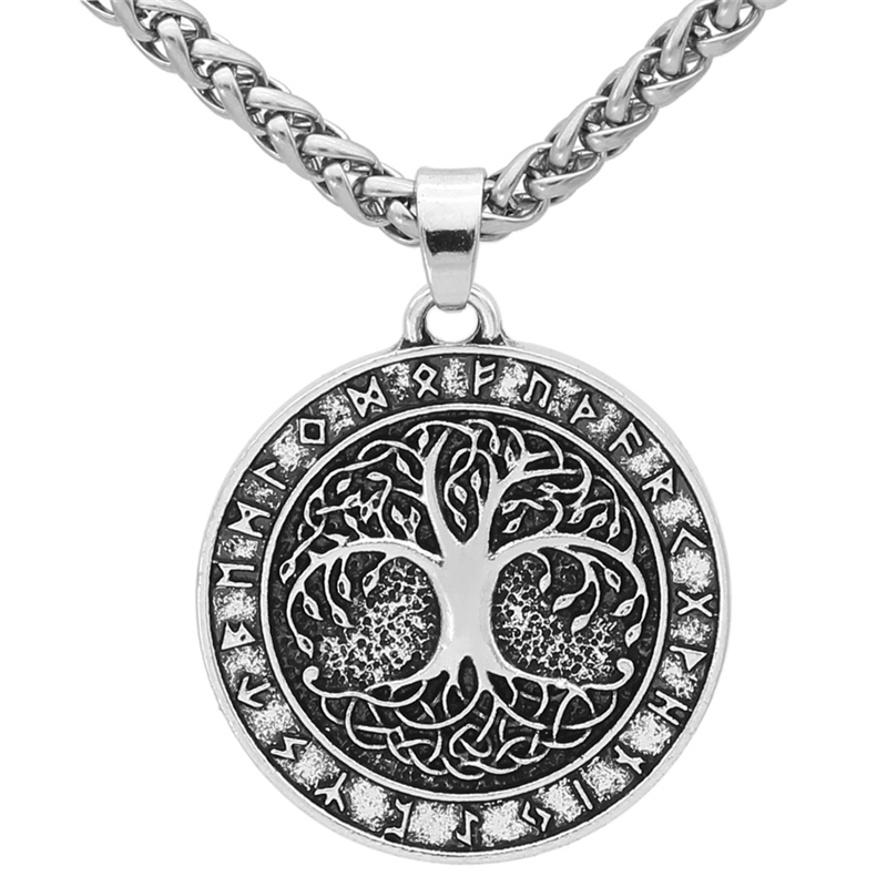 Nordic Vintage Tree of Life Round Pendant Viking Rune Necklace Antique Bronze Silver Color Men Women Jewelry Gifts Dropshipping