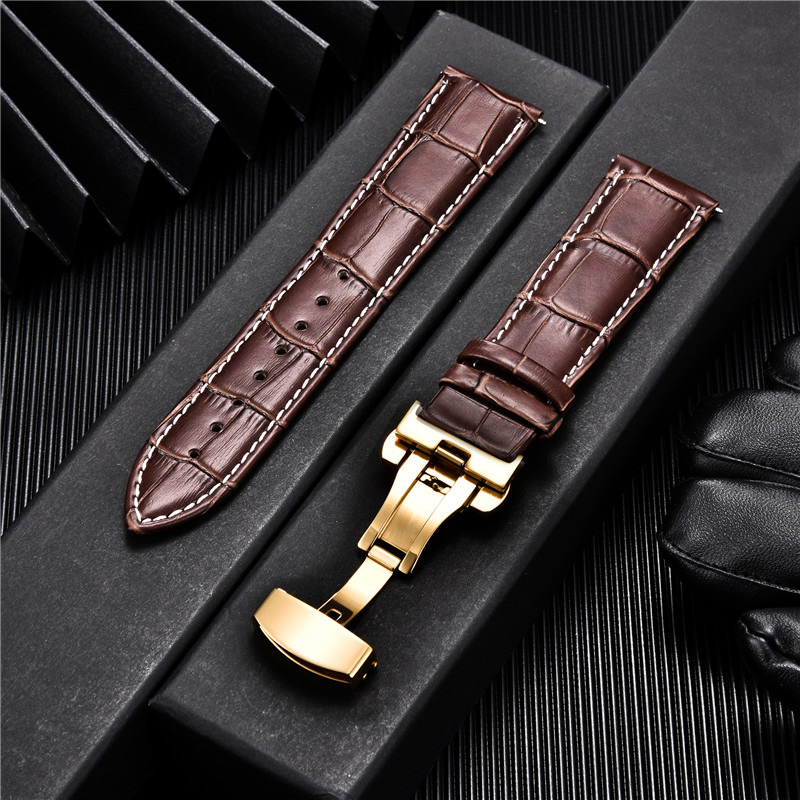 Leather Strap with Automatic Butterfly Clasp for Samsung Galaxy Watch 4 40mm 44mm / 4 Classic 42mm 46mm Active 2 Band Bracelet