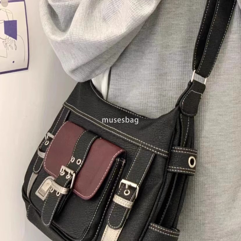Korean version of European and American retro vintage bag street style personalized new belt soft leather Y2K spicy girl cool motorcycle crossbody bag
