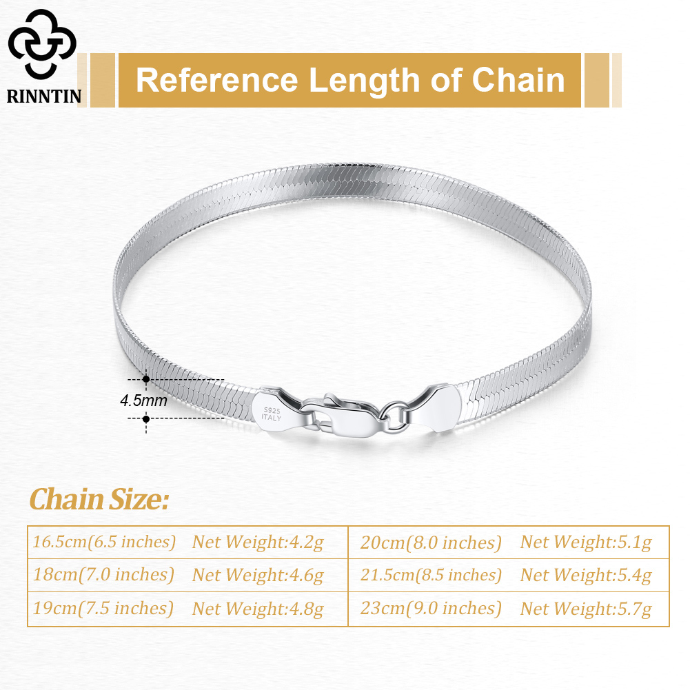 Rinntin 18K Gold Plated 925 Sterling Silver Italian 4.5mm Flexible Flat Herringbone Chain Bracelet for Women Men Jewelry SB107